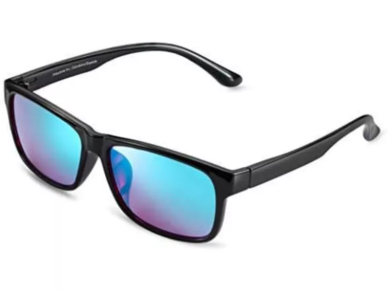 Black sunglasses with blue and purple mirrored lenses