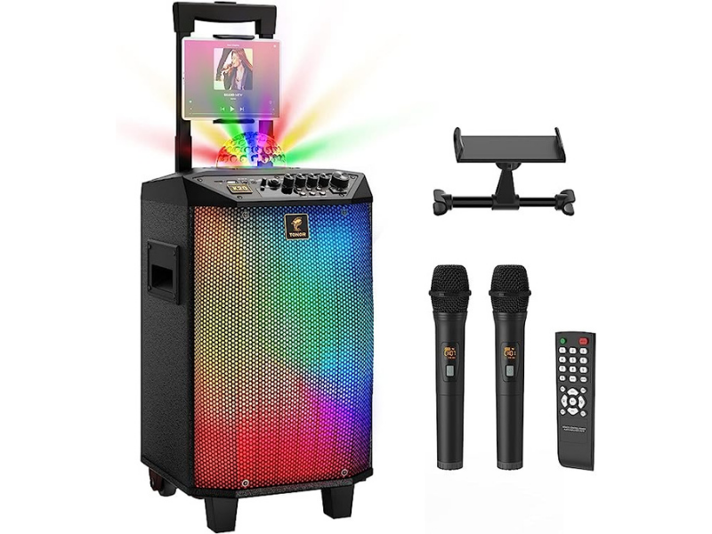 Karaoke machine with colorful lights two microphones and remote control