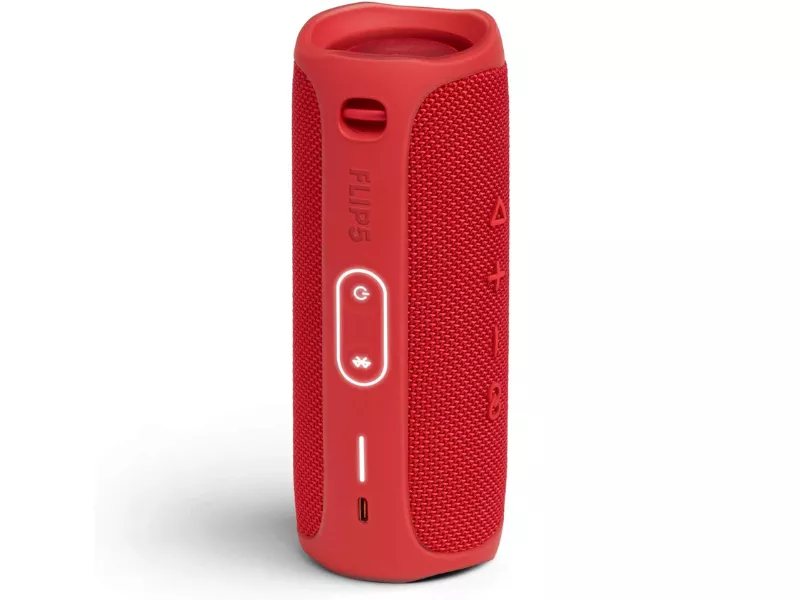 Red portable Bluetooth speaker with control buttons and textured surface