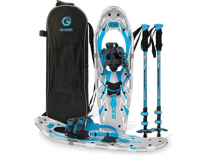 Snowshoes and trekking poles displayed with a carrying bag