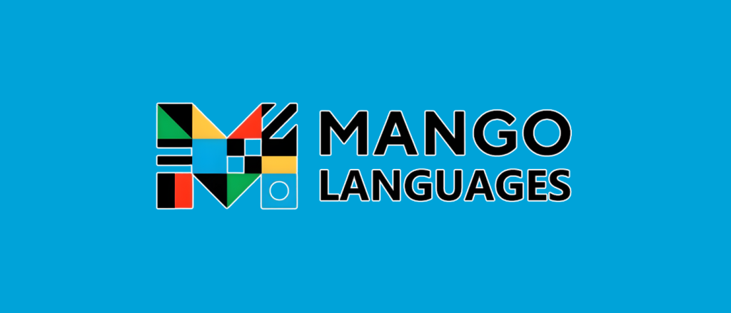 Colorful logo for Mango Languages on a blue background