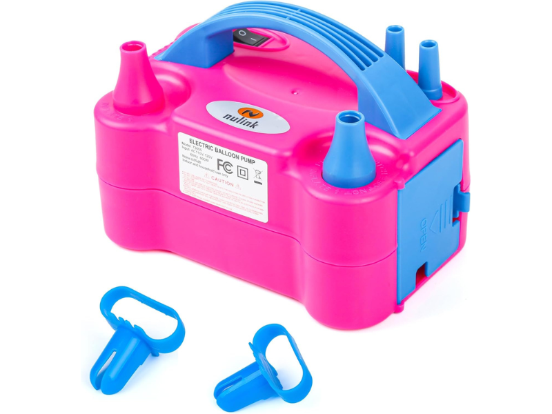 Pink electric balloon pump with blue nozzles and accessories