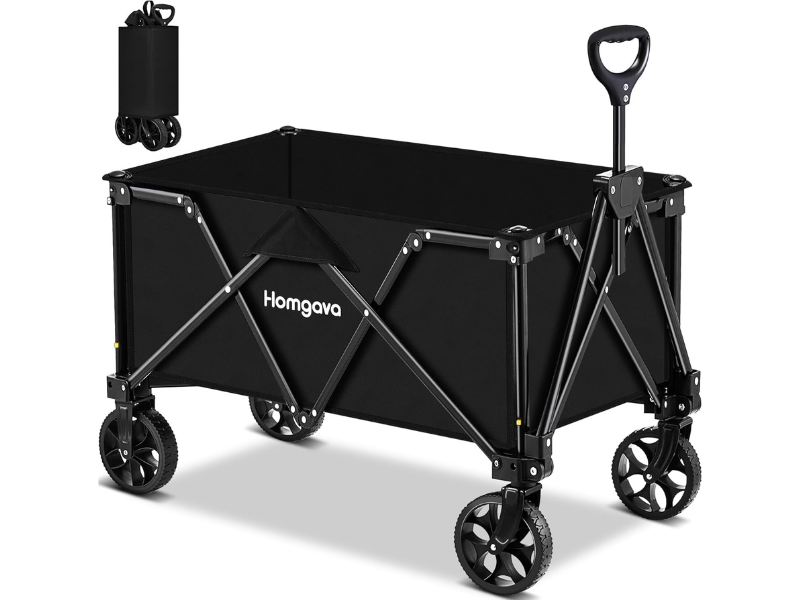 Black folding wagon with a sturdy frame and wheels