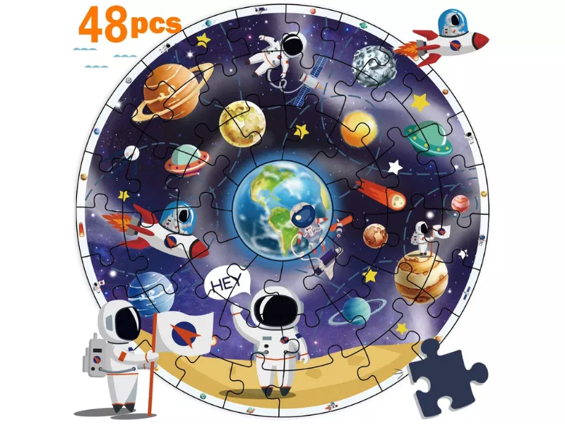 Colorful space-themed puzzle featuring planets and astronauts in action