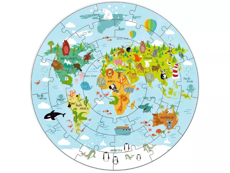 Colorful illustrated world map puzzle featuring animals and continents