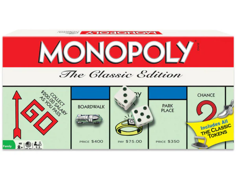 Monopoly board game box featuring classic edition details and tokens