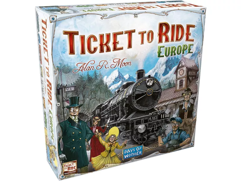 Ticket to Ride: Europe board game box featuring a steam train