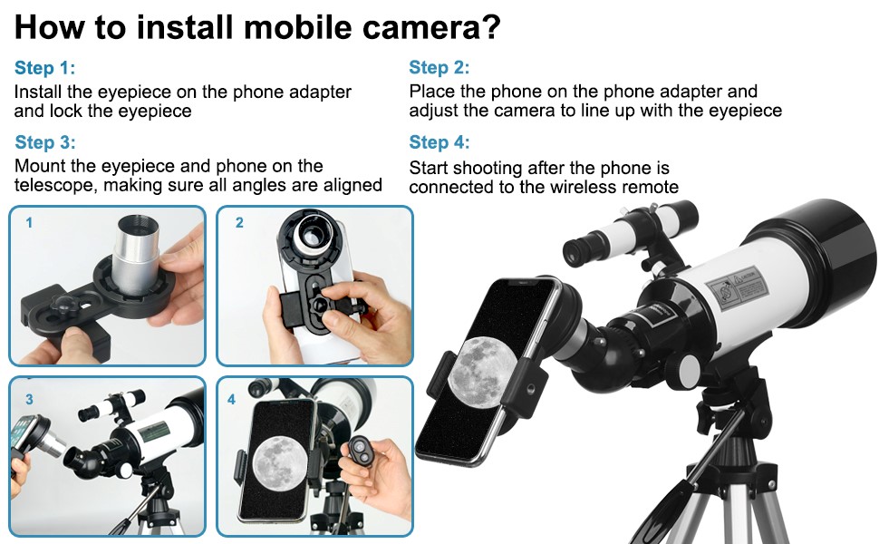 Instructions for installing a mobile camera on a telescope