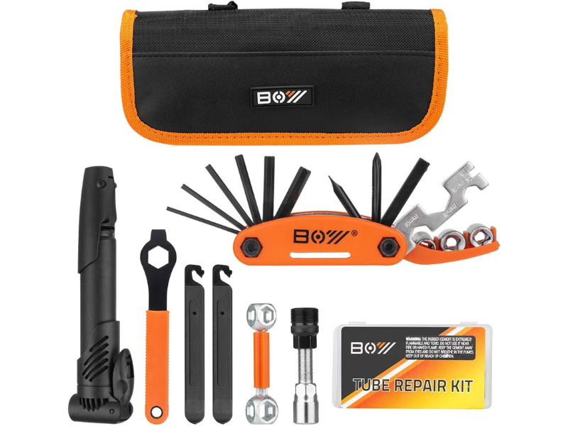 Bicycle repair kit with tools and a storage pouch