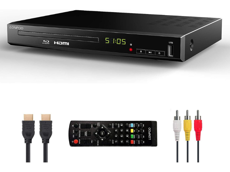 Black Blu-ray DVD player with remote and connection cables
