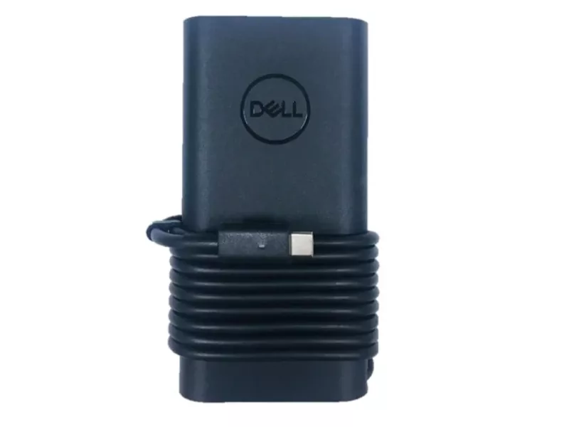 Black Dell Chromebook charger with coiled cable and logo