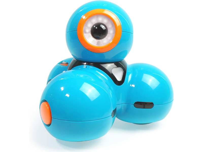 A blue robot with a large eye and orange accents