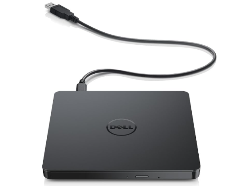 Black external CD/DVD drive with a USB cable attached