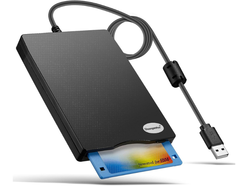 Black floppy disk drive reader with a USB cable attached