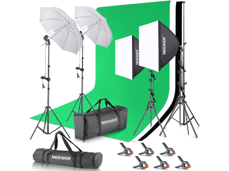 Lighting equipment and green backdrop for photography setup