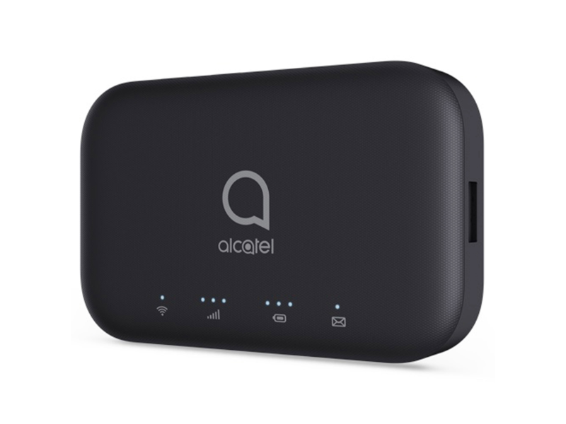 Black portable Wi-Fi hotspot device with Alcatel logo and indicator lights