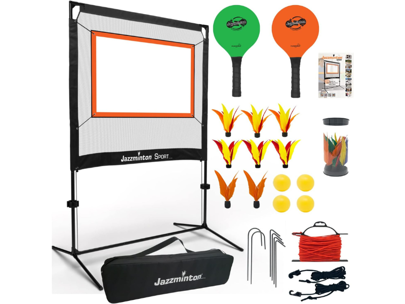 Jazzminton sport set with rackets shuttlecocks and a target net