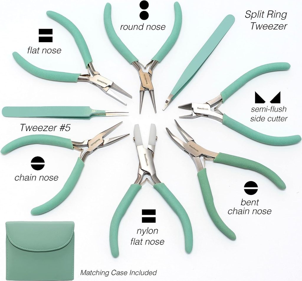 Jewelry-making tools arranged with labels and matching case included