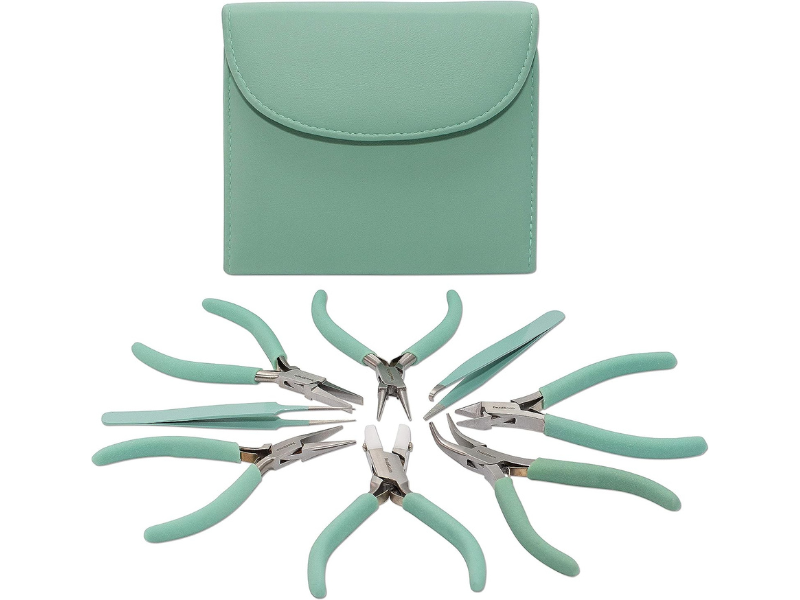 Jewelry repair kit with mint green pliers and carrying case