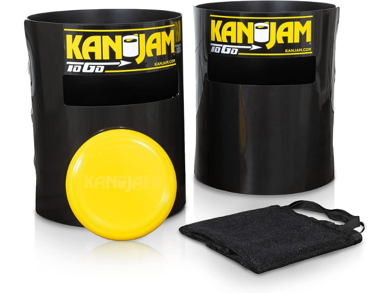 KanJam game set featuring two black containers and a yellow frisbee