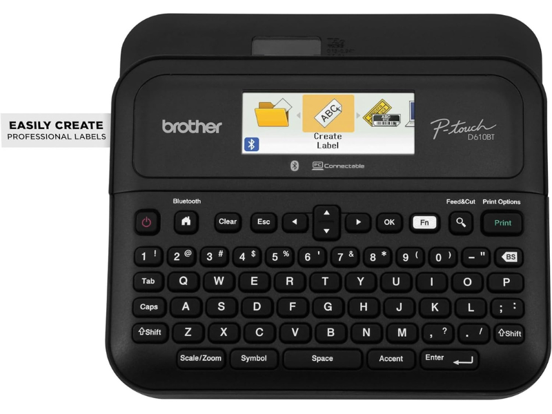 Brother P-touch label maker with a display and keyboard for creating labels