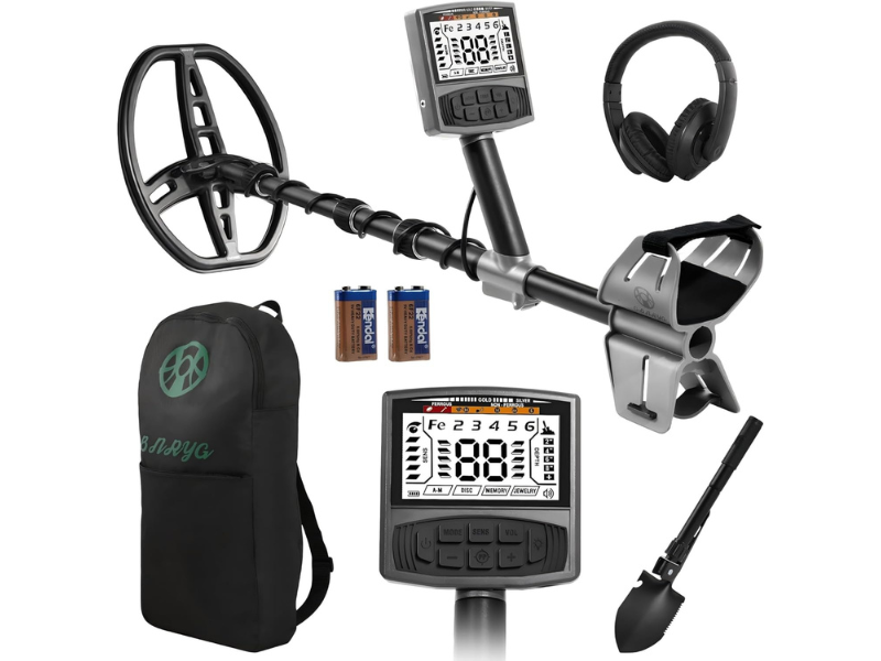 Metal detector kit with headphones batteries shovel and backpack