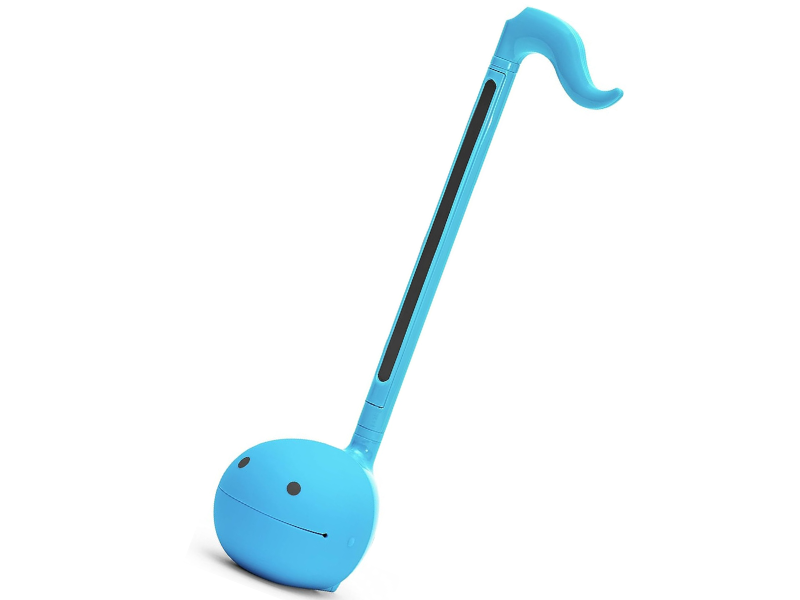A blue otamatone with a smiling face and long neck
