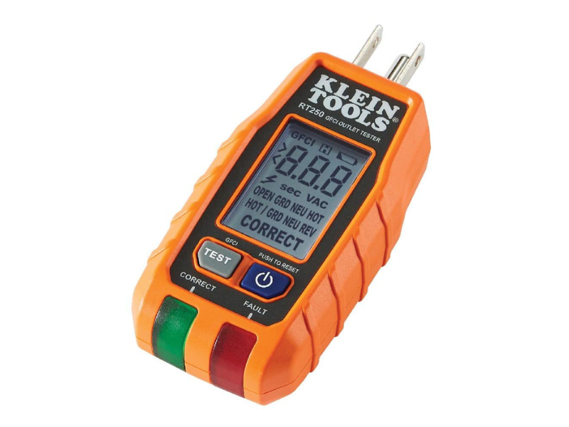 Klein Tools GFCI outlet tester with digital display and buttons