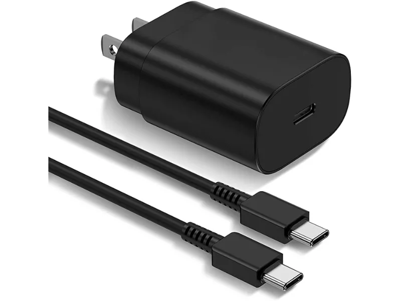 Black USB-C charger with two matching cables attached