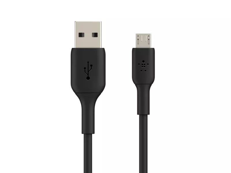 Black micro USB charging cable with USB connector on one end