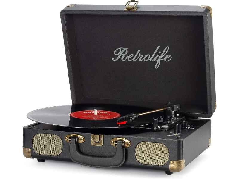 Portable turntable with a black case and red vinyl record