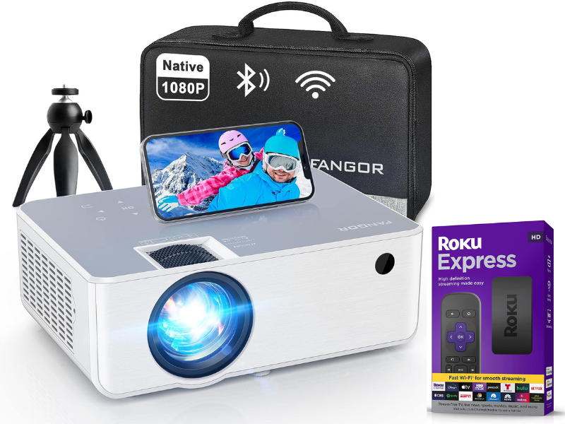 Projector with a smartphone display and Roku Express package nearby