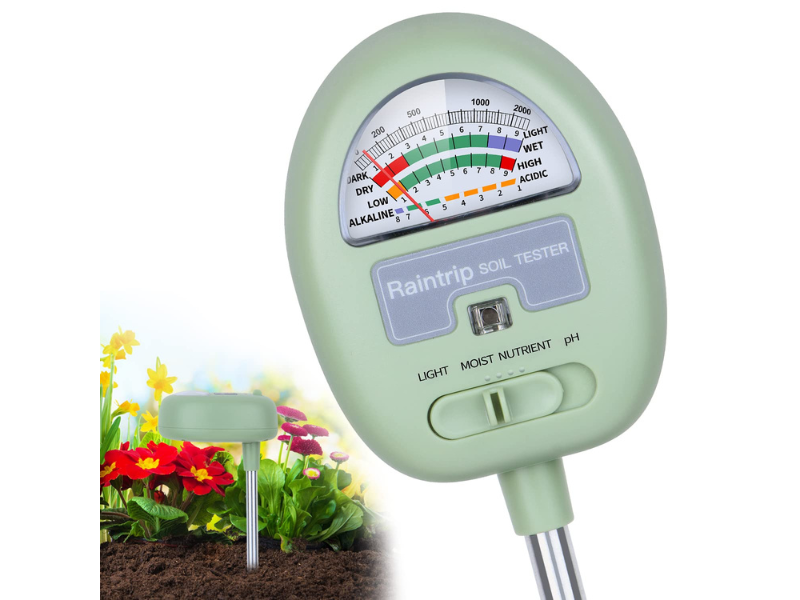 Soil tester with gauge for light moisture and pH levels
