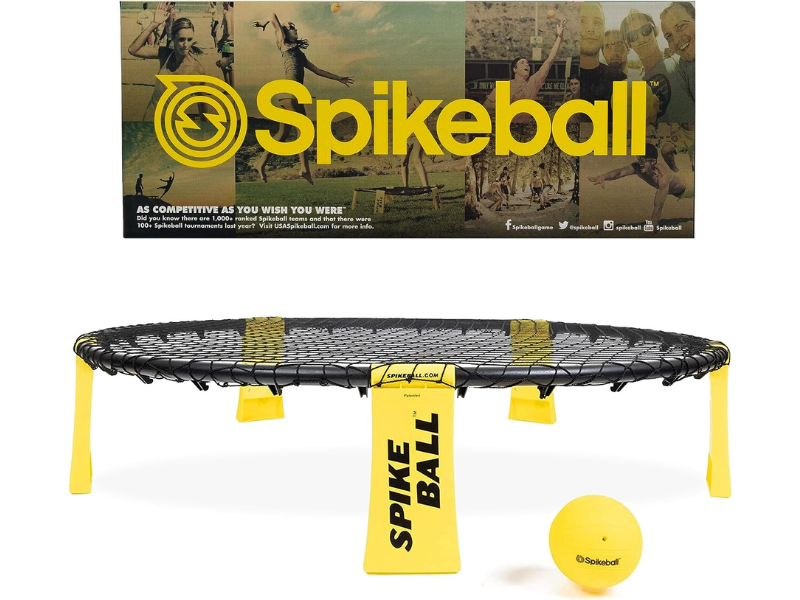 Spikeball set with a yellow ball and promotional background