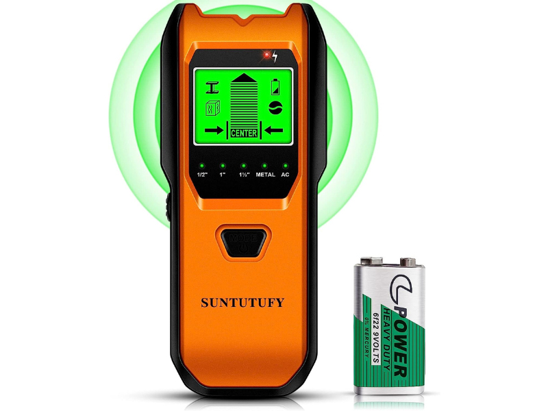 Stud finder with a green display and battery included