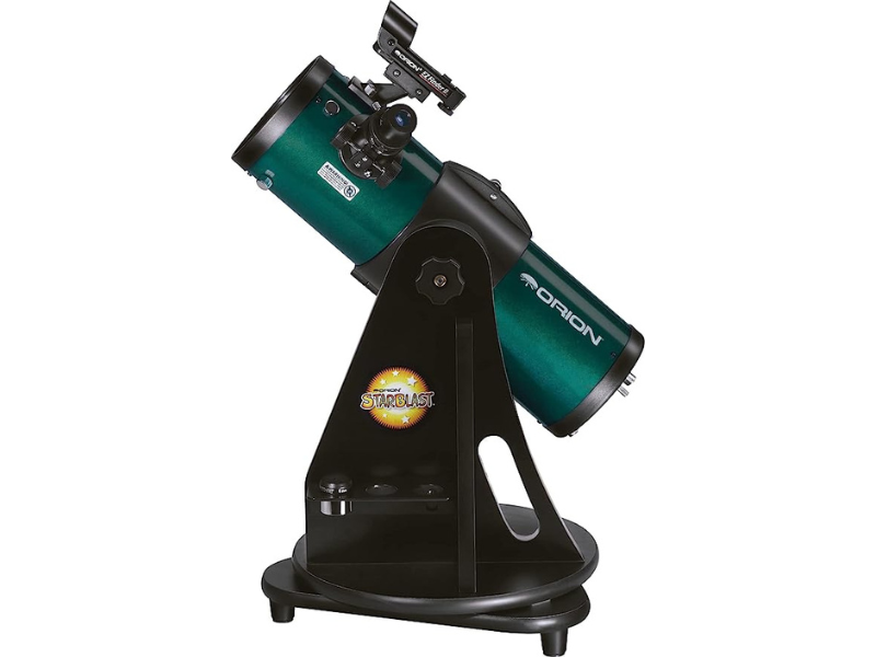A green and black Orion telescope on a round base