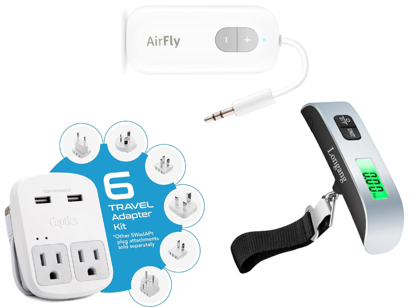 Travel accessories including a Bluetooth adapter power adapter and digital scale