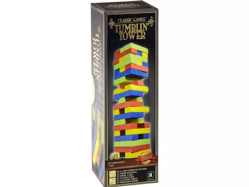 Colorful wooden blocks stacked in a tower game box