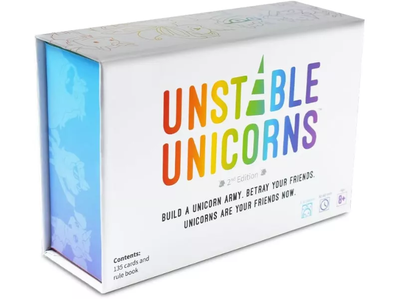 Colorful box for the game "Unstable Unicorns," featuring playful text and graphics