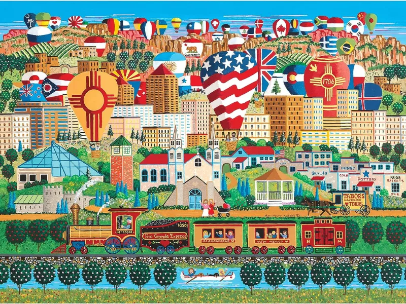 Colorful illustration of Albuquerque with hot air balloons and a train