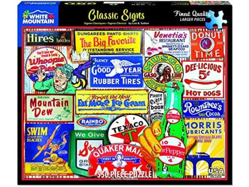 Colorful collage of vintage signs and advertisements for various products