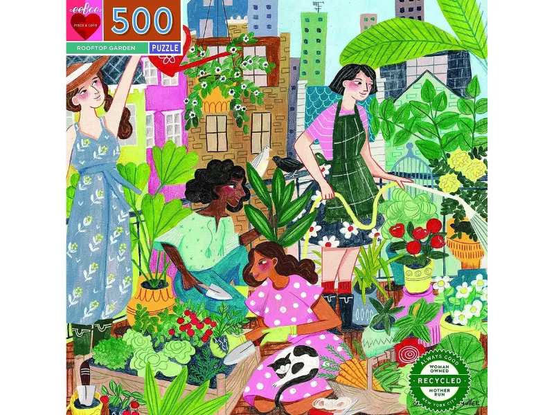 Women gardening on a vibrant rooftop filled with plants and flowers