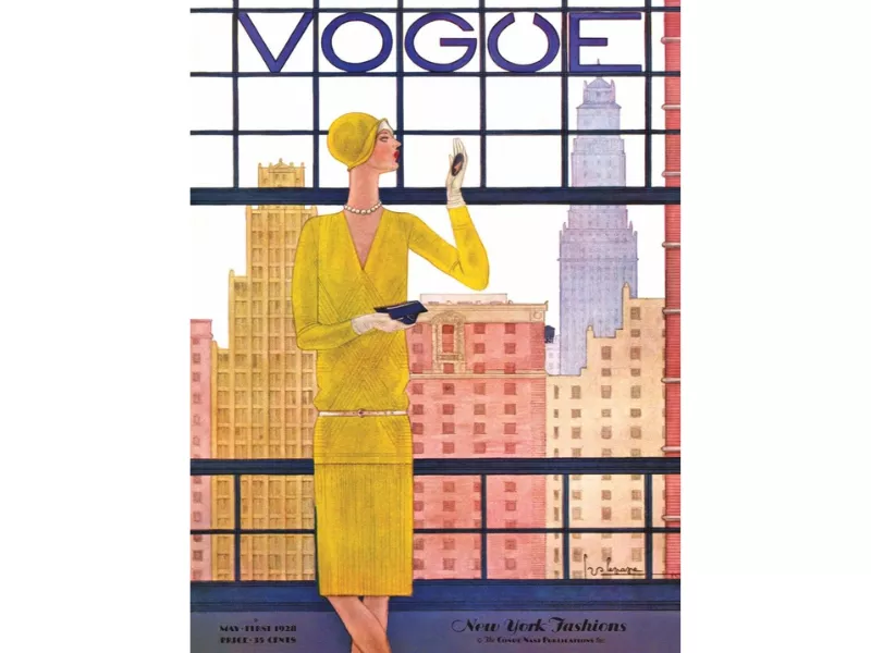 A fashionable woman in yellow gazes out a city window