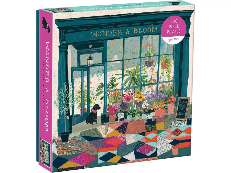 Colorful puzzle box featuring a flower shop scene with a dog