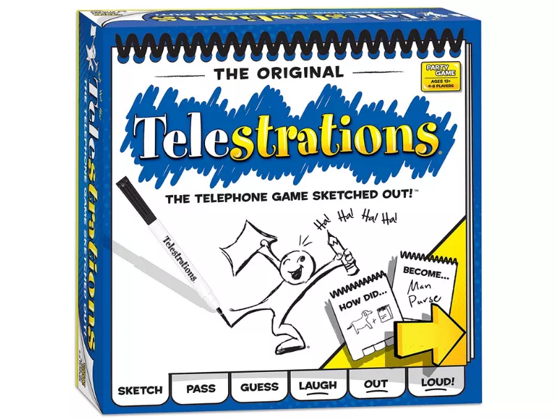 Telestrations board game box featuring sketches and playful text