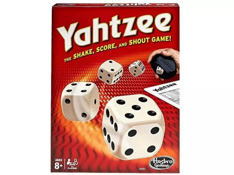 Yahtzee game box featuring dice and the tagline "The shake score and shout game