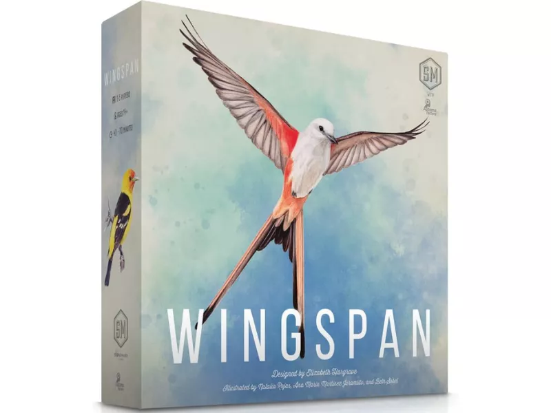 Wingspan board game box featuring colorful birds and soft background