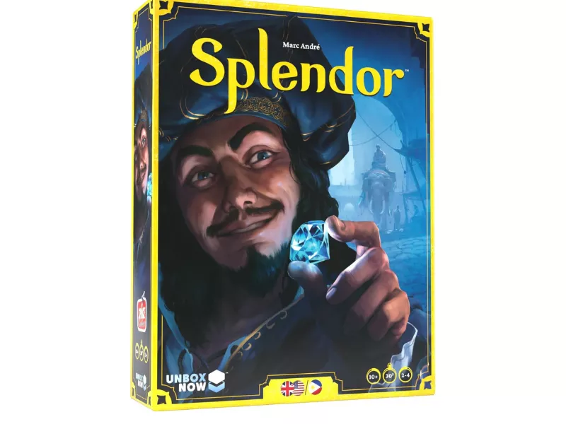 Board game box featuring a man holding a gem and smiling