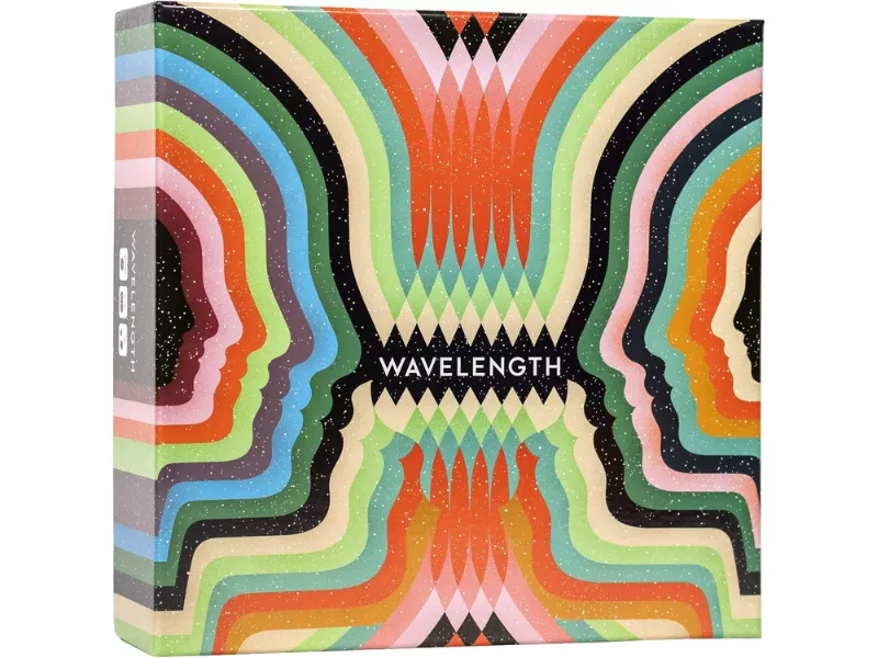 Colorful box design for the game "Wavelength" featuring abstract faces