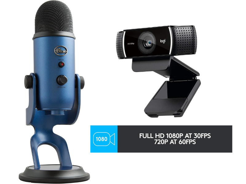 A blue microphone and a Logitech webcam with specifications